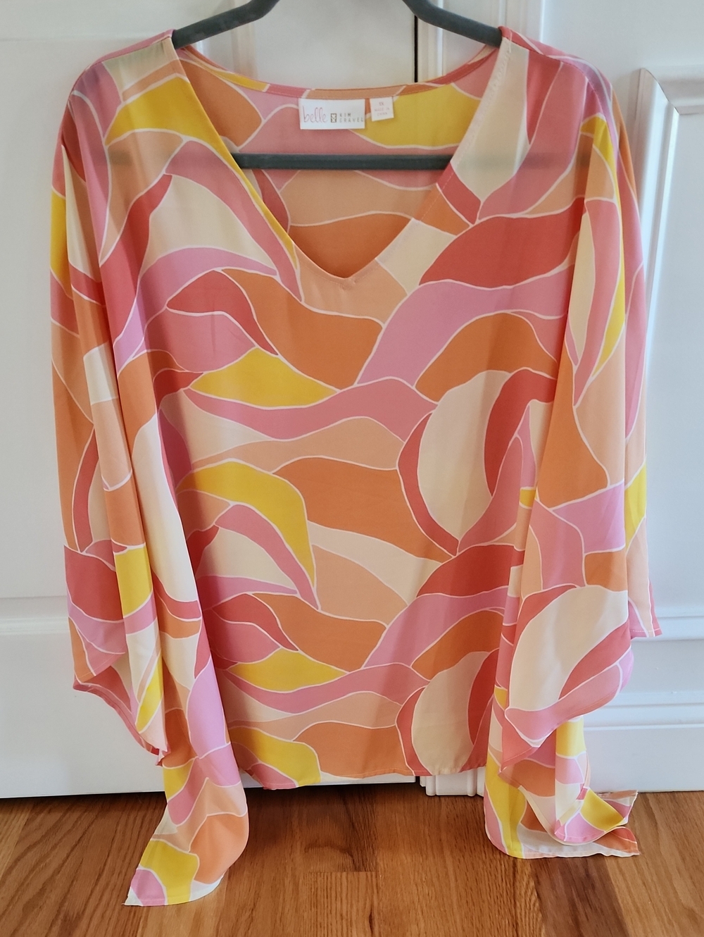 Belle by Kim Gravel, Abstract Print Poncho Blouse, Pink Peach Yellow, Sz 1X
